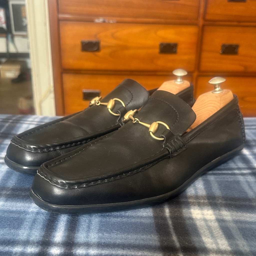 Vtg Gucci Horsebit Gold Detail Black Leather Men's Slip On Dress Loafers Size 12